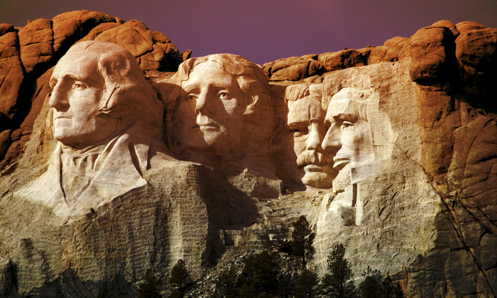 Mount Rushmore National Monument, South Dakota, Created by sculptor Gutzon Borglum showing Presidents, George Washington, Thomas Jefferson, Theodore Roosevelt and Abraham Lincoln