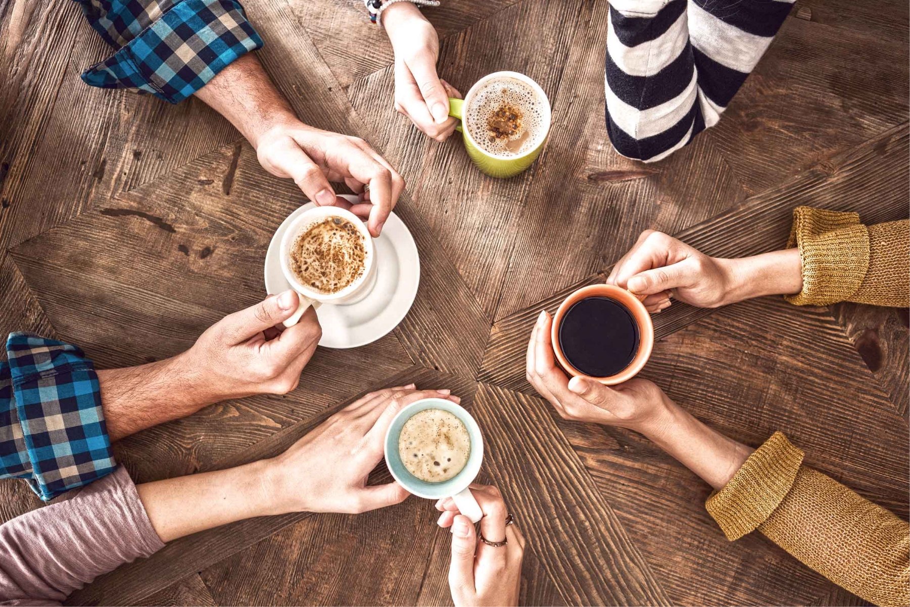 An image of a group of people drinking coffee only showing their elbows down and the coffee cups on the table from above.