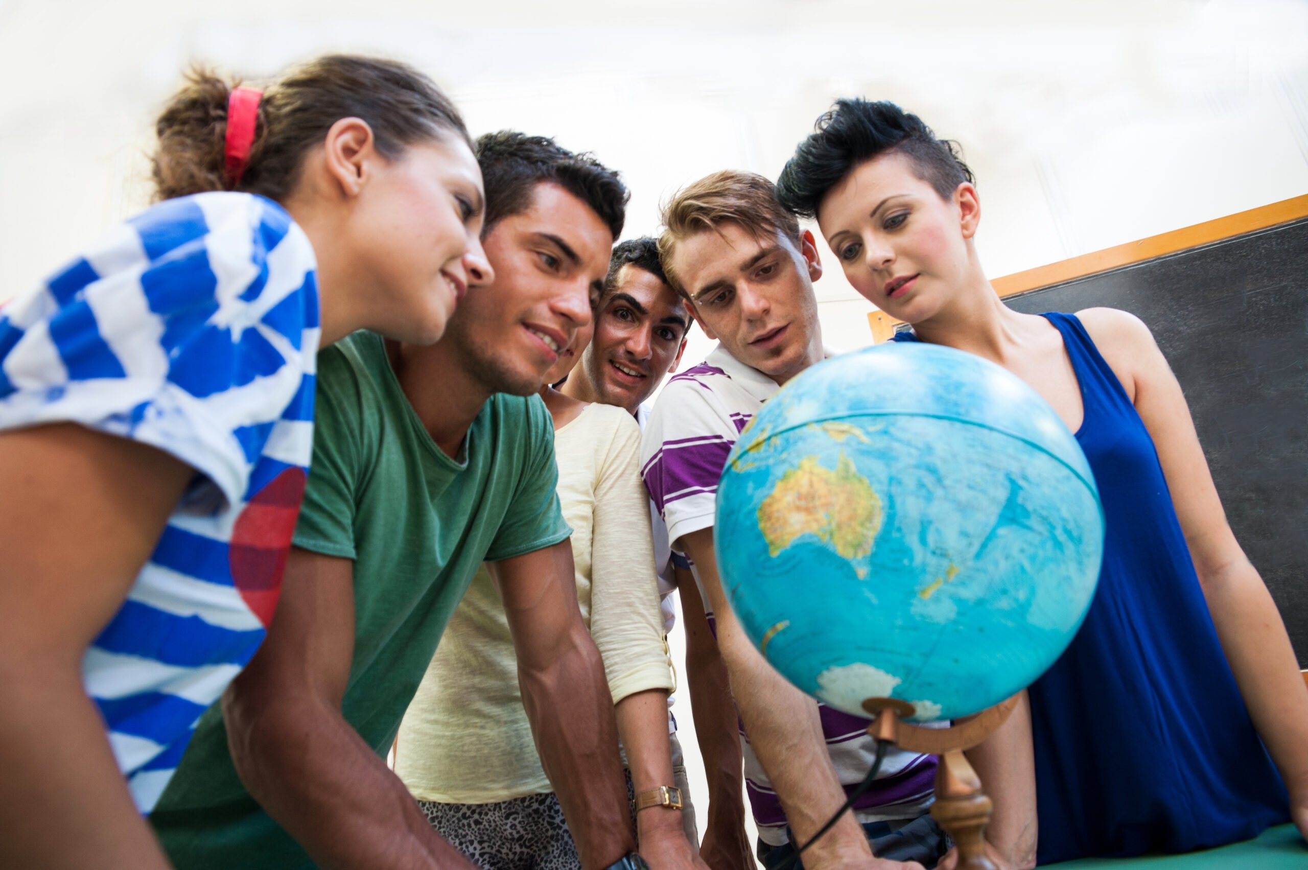 Students at school with globe