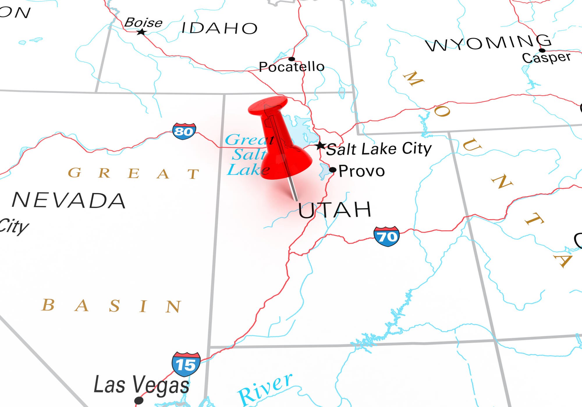 Red Thumbtack Over Utah State USA Map. 3D rendering