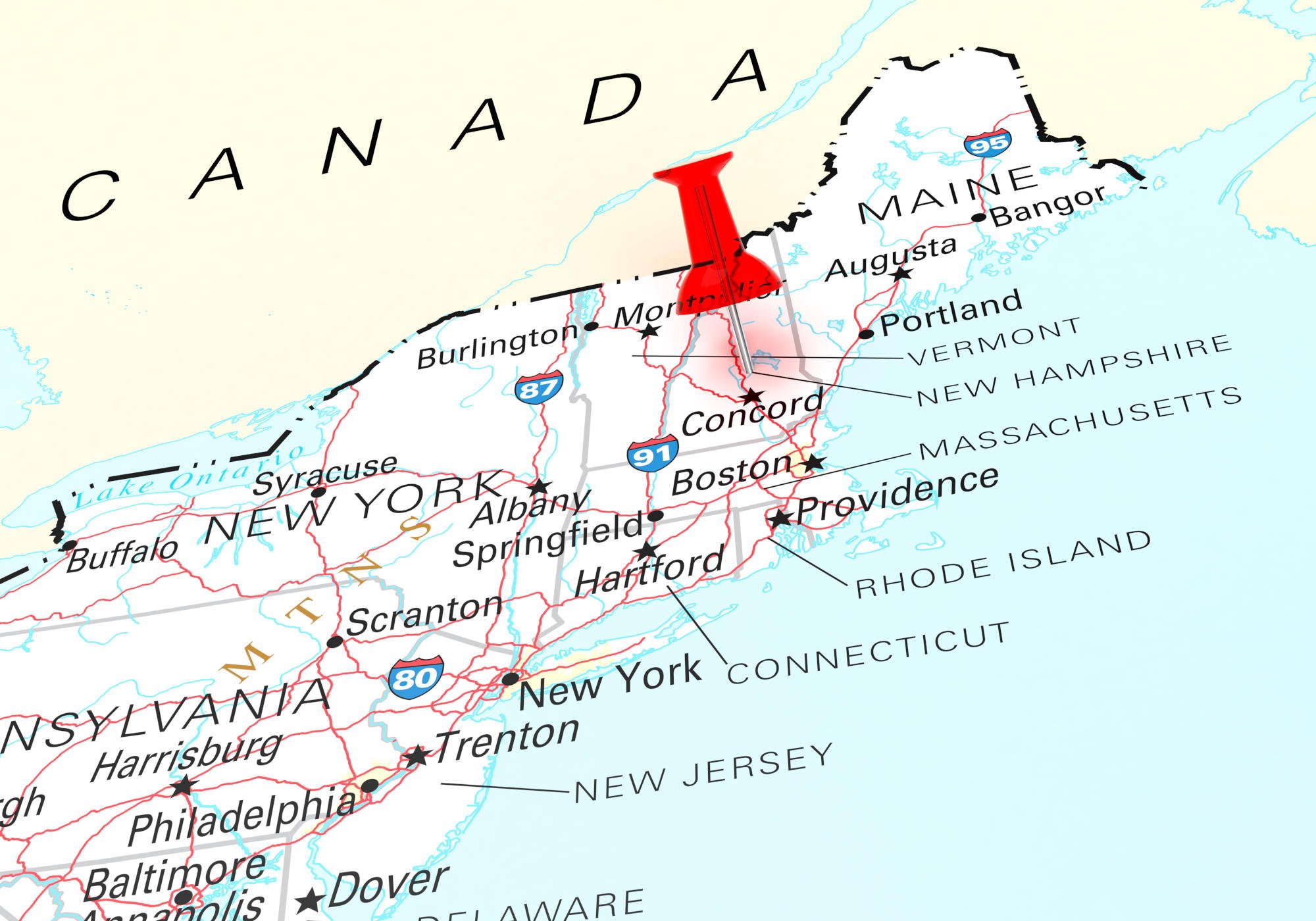 Red Thumbtack Over New Hampshire State USA Map. 3D rendering